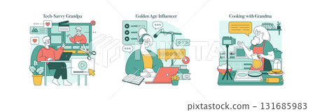 Vector illustration showing three different scenarios of seniors embracing modern activities. Elderly individuals editing videos, podcasting, and cooking, highlighting active lifestyles. Vector illustration showing three different scenarios of seniors embracing modern activities. Elderly individuals editing videos, podcasting, and cooking, highlighting active lifestyles. 131685983