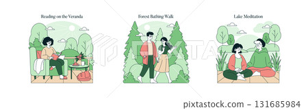 Vector illustration depicting three relaxation and wellness activities. A person reading on a veranda, a couple walking in a forest, and two individuals meditating by a lake. 131685984