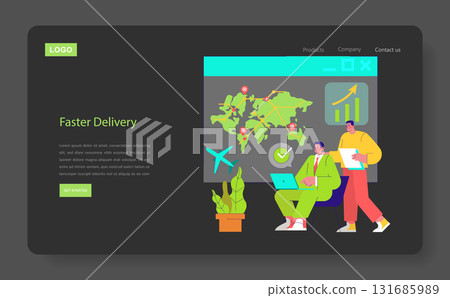 Vector illustration of a business team analyzing a global delivery strategy. Two professionals are using a laptop and discussing logistics, displaying a map with locations and charts. Vector illustration of a business team analyzing a global delivery strategy. Two professionals are using a laptop and discussing logistics, displaying a map with locations and charts. 131685989