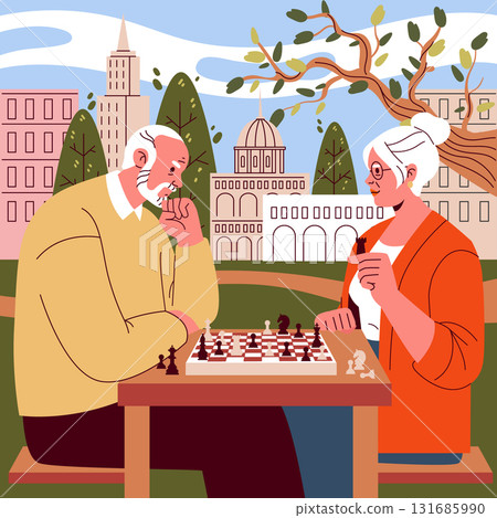 Seniors engage in a thoughtful chess game in a vibrant urban park setting, showcasing concentration and strategic thinking. The vector illustration highlights a relaxed environment. Seniors engage in a thoughtful chess game in a vibrant urban park setting, showcasing concentration and strategic thinking. The vector illustration highlights a relaxed environment. 131685990
