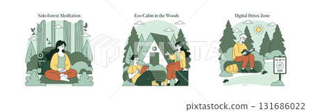 Trio of vector illustrations depicting solo meditation in a forest, relaxing by an eco cabin in the woods, and reading in a digital detox zone. Each image explores nature connection. Trio of vector illustrations depicting solo meditation in a forest, relaxing by an eco cabin in the woods, and reading in a digital detox zone. Each image explores nature connection. 131686022