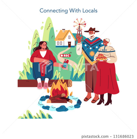 Vector illustration of a person recording an interview with locals around a campfire. The scene includes a cozy fire, friendly expressions, and traditional attire, representing cultural exchange. Vector illustration of a person recording an interview with locals around a campfire. The scene includes a cozy fire, friendly expressions, and traditional attire, representing cultural exchange. 131686023