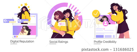 Vector illustration of women interacting with digital platforms to evaluate reputation, social ratings, and profile credibility. They engage with mobile phones and online interfaces. 131686025