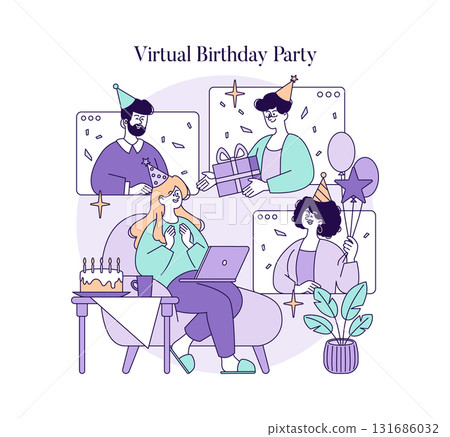 Vector illustration of a virtual birthday party with friends connected online. A person is enjoying the celebration on a laptop while others in video calls share gifts and balloons. Vector illustration of a virtual birthday party with friends connected online. A person is enjoying the celebration on a laptop while others in video calls share gifts and balloons. 131686032