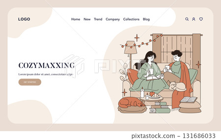 Vector illustration of two friends enjoying a relaxing evening at home with hot drinks and books. The cozy setting includes a cat and a dog, creating a warm and inviting atmosphere. Vector illustration of two friends enjoying a relaxing evening at home with hot drinks and books. The cozy setting includes a cat and a dog, creating a warm and inviting atmosphere. 131686033
