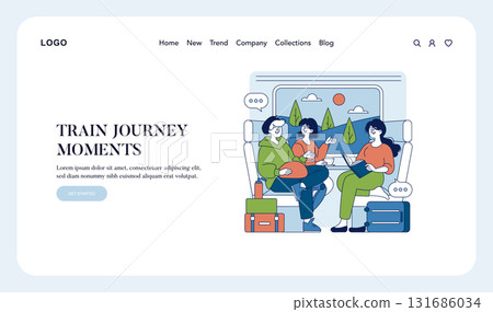 Illustration of friends engaging in lively conversation inside a train, surrounded by luggage and enjoying scenic views through the window. Perfect for travel and journey-themed designs. 131686034