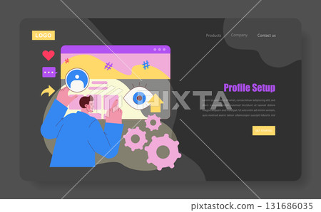 User interacts with onscreen elements during profile setup in a colorful web interface illustration. Visual elements include icons, gears, and text. Designed for digital platforms. User interacts with onscreen elements during profile setup in a colorful web interface illustration. Visual elements include icons, gears, and text. Designed for digital platforms. 131686035