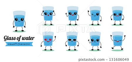 Kawaii character set featuring adorable glass of water with cheerful expressions and playful poses Kawaii character set featuring adorable glass of water with cheerful expressions and playful poses 131686049