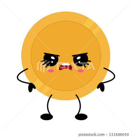 Kawaii gold coin character with expressive face and arms, showcasing a playful and cute design 131686050