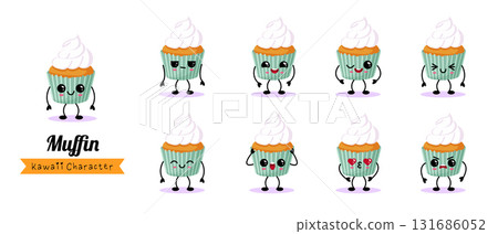Kawaii muffin character set with playful expressions and vibrant colors for creative projects Kawaii muffin character set with playful expressions and vibrant colors for creative projects 131686052