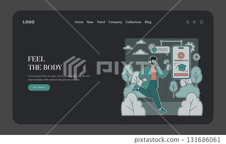 Vector illustration of a person running with a smartphone in hand, symbolizing fitness engagement through a mobile app. The dynamic scene features app icons and motivation. 131686061