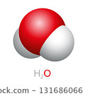 Water molecule, space filling model and chemical formula H2O. Inorganic compound, chemical substance, and polar molecule with strong intermolecular hydrogen bonding. Vital for all known forms of life. 131686066