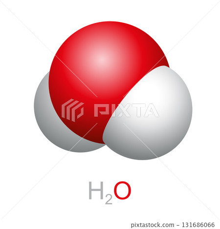 Water molecule, space filling model and chemical formula H2O. Inorganic compound, chemical substance, and polar molecule with strong intermolecular hydrogen bonding. Vital for all known forms of life. 131686066
