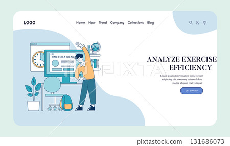 Vector illustration of an animated character stretching next to a computer with the message "Time for a Break". The scene combines work elements with a reminder to pause. 131686073