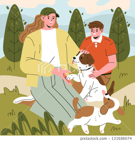 Vector illustration of a happy family interacting with dogs in a park. A joyful interaction captures a moment of playfulness and bonding in a natural setting, emphasizing joy and connection. 131686074