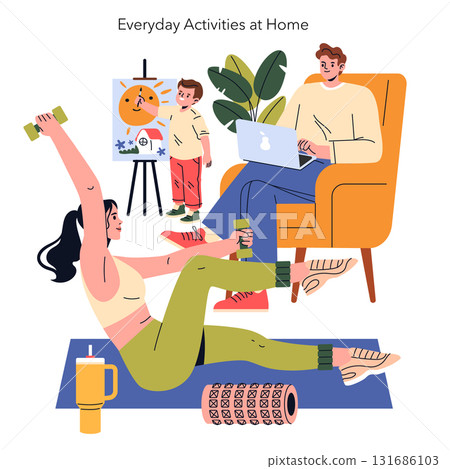 Family members perform various activities at home. A person exercises with weights, while another works on a laptop, and a child paints, showcasing everyday home life. 131686103