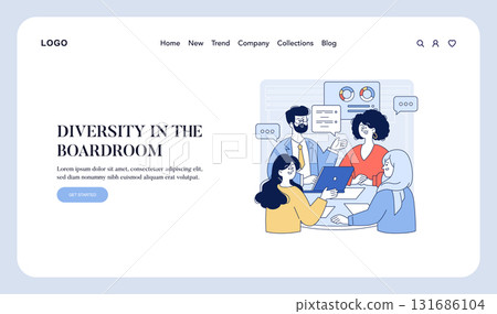 Vector illustration showing a diverse team collaborating in a boardroom setting. Group of men and women engaging in a discussion around a table, highlighting teamwork and innovation. 131686104