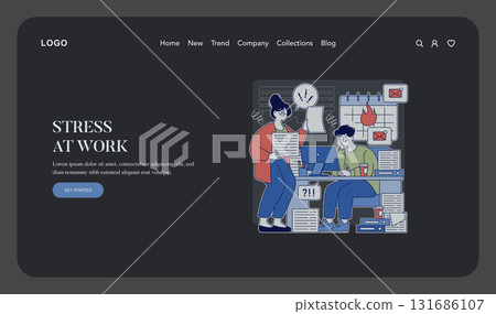 Vector illustration showing a stressed team in an office setting. One person seated, facing an overflowing workload on a laptop, while another stands, overwhelmed with tasks and expressing concern. 131686107