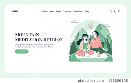 Vector illustration of a peaceful mountain meditation retreat shows two people sitting in a serene natural setting surrounded by mountains and trees, conveying tranquility and relaxation. 131686108
