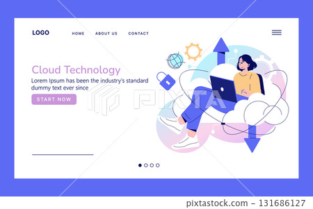 Modern cloud technology vector illustration depicting a woman working on a laptop surrounded by digital elements and cloud icons, emphasizing innovation and connectivity. 131686127