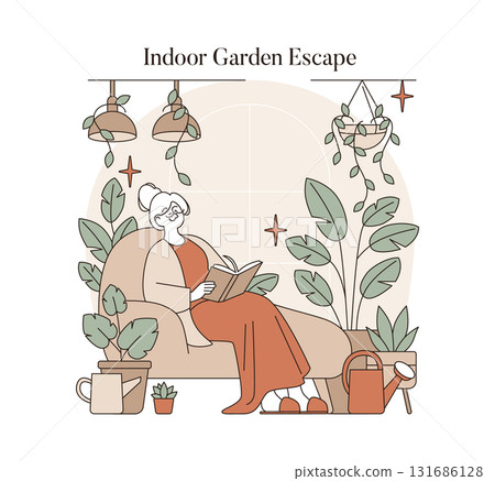 Vector illustration of a person enjoying reading on a sofa surrounded by indoor plants. The serene setting includes hanging plants, a watering can, and decorative elements, creating a peaceful 131686128