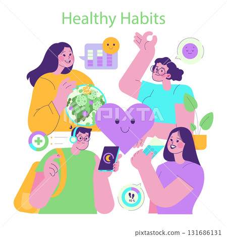 Colorful vector illustration showcasing healthy habits. Features people engaging in activities like eating salad, exercising, drinking water, and using health apps, promoting wellness and positivity. 131686131