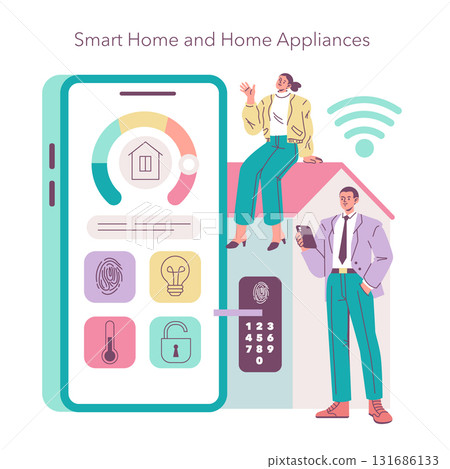 Vector illustration of smart home control using a mobile app. Two people interact with large smartphone displaying home automation icons. Concept of modern technology and connectivity. Vector illustration of smart home control using a mobile app. Two people interact with large smartphone displaying home automation icons. Concept of modern technology and connectivity. 131686133