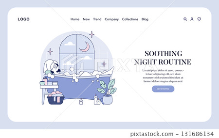 Vector illustration of a relaxing night bath setup showcasing a person enjoying a soothing bubble bath by candlelight, surrounded by plants and a night sky view. Perfect for self-care themes. Vector illustration of a relaxing night bath setup showcasing a person enjoying a soothing bubble bath by candlelight, surrounded by plants and a night sky view. Perfect for self-care themes. 131686134