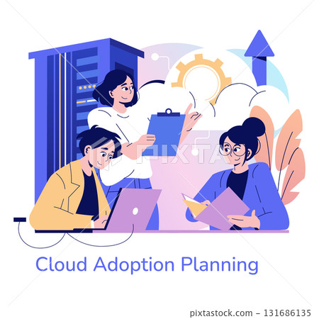 Team planning cloud adoption in a modern office vector illustration. Three people are collaborating, using laptops and documents around a cloud icon, indicating growth and innovation. 131686135