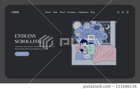 Vector illustration of a woman lying in bed deeply engaged in endless smartphone scrolling. Surrounded by social media icons, she appears absorbed by digital content. Vector illustration of a woman lying in bed deeply engaged in endless smartphone scrolling. Surrounded by social media icons, she appears absorbed by digital content. 131686136