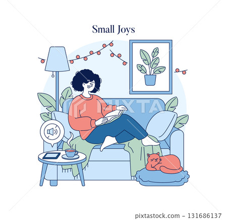 Woman sitting comfortably on a couch, reading a book, with her cat peacefully beside her. Cozy living room scene includes a table with a cup and tablet. Vector illustration. Woman sitting comfortably on a couch, reading a book, with her cat peacefully beside her. Cozy living room scene includes a table with a cup and tablet. Vector illustration. 131686137