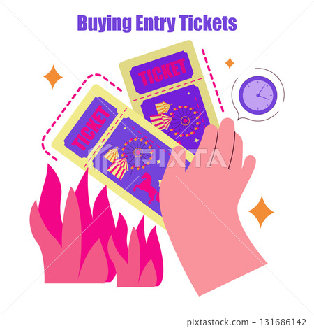 Vector illustration of a hand holding two colorful entry tickets with a ferris wheel design. The vibrant colors and dynamic composition convey excitement and anticipation. Vector illustration of a hand holding two colorful entry tickets with a ferris wheel design. The vibrant colors and dynamic composition convey excitement and anticipation. 131686142