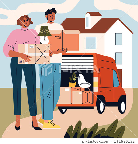 Vector illustration shows a couple unloading boxes from a moving van outside their new home. The scene captures the excitement and teamwork involved in the moving process. 131686152