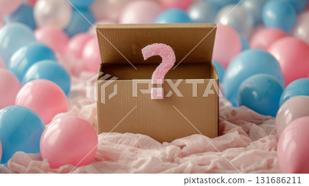 Surprise box surrounded by balloons 131686211