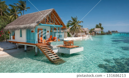 Tropical retreat by clear blue water Tropical retreat by clear blue water 131686213