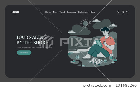 Vector illustration of a person journaling by the shore, seated on the sand with a notebook, surrounded by shells and waves. The sun is shining with few clouds in the sky. 131686266