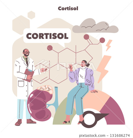 Vector illustration depicting a doctor discussing cortisol levels with a patient. The image highlights a chemical structure, adrenal gland, and stress scale to convey hormone effects. Vector illustration depicting a doctor discussing cortisol levels with a patient. The image highlights a chemical structure, adrenal gland, and stress scale to convey hormone effects. 131686274