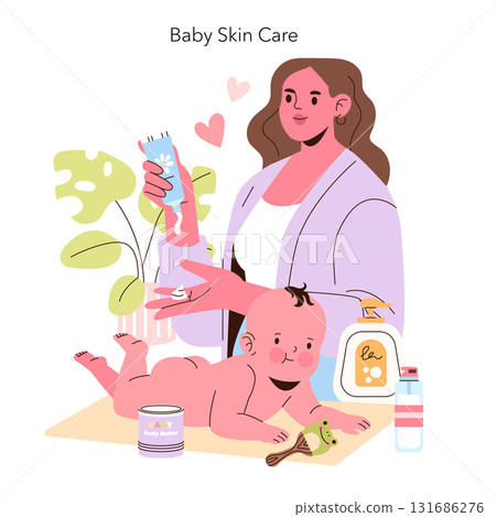 Vector illustration of a mother engaging in baby skincare. She gently applies lotion while the baby lies on a mat. Bottles of skincare products are visible, promoting a nurturing atmosphere. 131686276