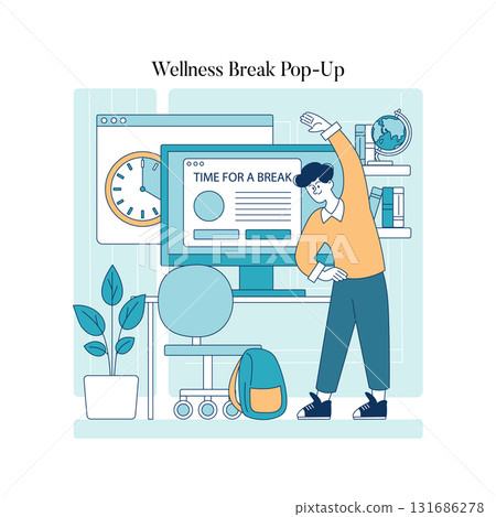 Vector illustration depicting a person stretching near a computer displaying a wellness break message. The scene includes books, plants, and a globe suggesting a supportive work environment. 131686278