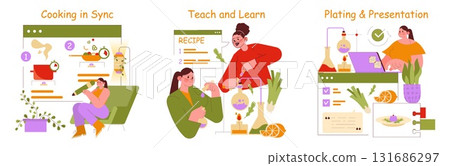 Vector illustration depicting three scenes of collaborative cooking and learning. Individuals engage in synchronized cooking, recipe teaching, meal plating, showcasing teamwork and culinary skills. Vector illustration depicting three scenes of collaborative cooking and learning. Individuals engage in synchronized cooking, recipe teaching, meal plating, showcasing teamwork and culinary skills. 131686297