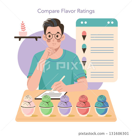 Man thoughtfully evaluating various ice cream flavors in cups, writing notes on a clipboard. Illustrated vector image showing an organized approach to flavor comparison and rating. Man thoughtfully evaluating various ice cream flavors in cups, writing notes on a clipboard. Illustrated vector image showing an organized approach to flavor comparison and rating. 131686301