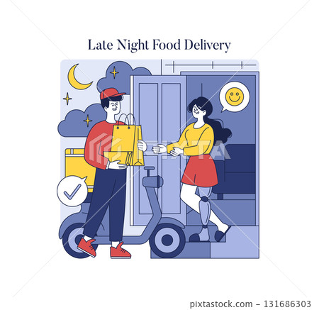 Vector illustration of a food delivery happening late at night. A delivery person hands over packages to a smiling customer at her doorstep, showcasing convenience and satisfaction. 131686303