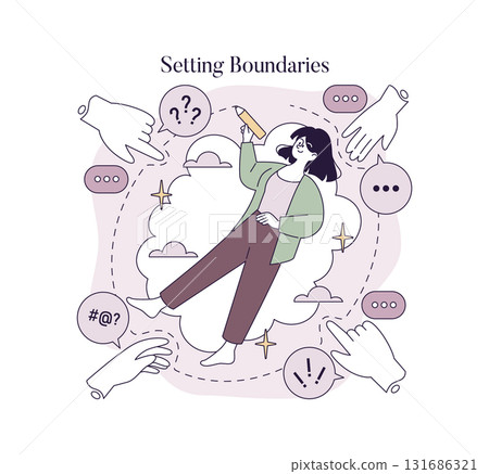 Vector illustration of a person setting personal boundaries, surrounded by icons representing communication and conflict. Depicts empowerment, self-protection, and emotional resilience. Vector illustration of a person setting personal boundaries, surrounded by icons representing communication and conflict. Depicts empowerment, self-protection, and emotional resilience. 131686321
