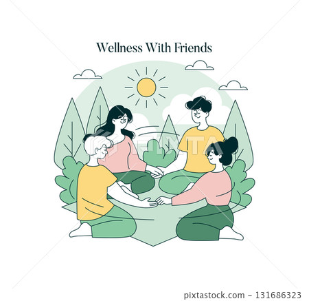 Vector illustration showing four friends meditating together in a serene nature setting. They are seated in a circle, holding hands, expressing relaxation and unity under a sunny sky. Vector illustration showing four friends meditating together in a serene nature setting. They are seated in a circle, holding hands, expressing relaxation and unity under a sunny sky. 131686323
