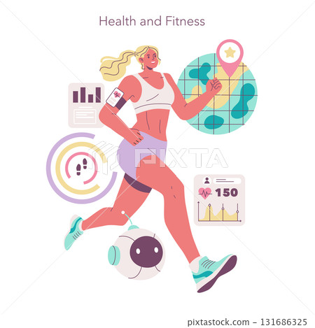 Vector illustration of a woman running surrounded by health and fitness symbols, including graphs, heart rate monitor, and location pin, showcasing an active lifestyle concept. 131686325