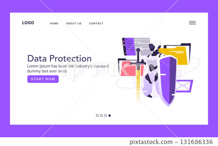 Data protection vector illustration featuring a robot holding a shield, symbolizing cybersecurity and safeguarding digital information. Ideal for security concepts and technology themes. 131686336