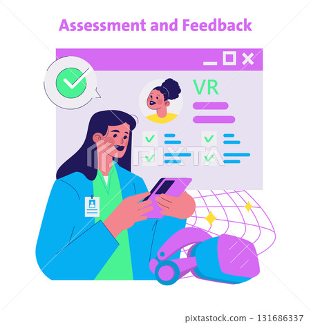 Vector illustration showing a person analyzing assessment and feedback on a digital device. The background features virtual reality elements and a communication interface. 131686337