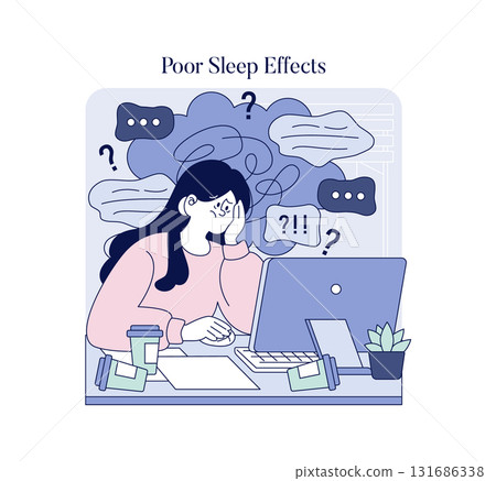 Vector illustration of a person struggling to focus at work due to poor sleep. Surrounded by question marks and thoughts, they display tiredness and confusion at a desk. 131686338