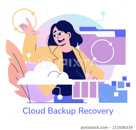 Vector illustration of a woman interacting with cloud backup recovery. The image shows digital elements like cloud storage icons and arrows, symbolizing the data restoration process. 131686339