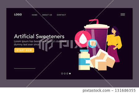 Vector illustration of a website banner featuring artificial sweeteners. A woman stands beside sugar cubes and a large drink, highlighting sweetener options. Modern design for web use. Vector illustration of a website banner featuring artificial sweeteners. A woman stands beside sugar cubes and a large drink, highlighting sweetener options. Modern design for web use. 131686355